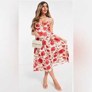 ASOS Floral Red and Cream Midi Dress